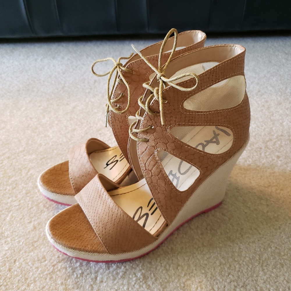 Jacobies Beige Nude Pink Lace Up Wedges